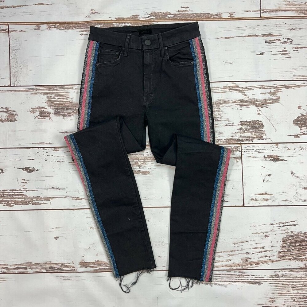 Mother High Waisted Looker Ankle Fray Skinny Jeans Size 24 Guilty Glitter Racer